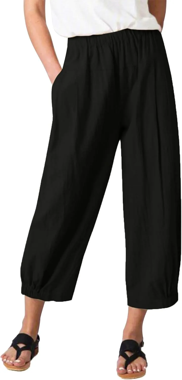 Les umes Women's Cropped Pants Cotton High Waist Wide Leg Capris Casual Loose Harem Pants Trousers with Pockets