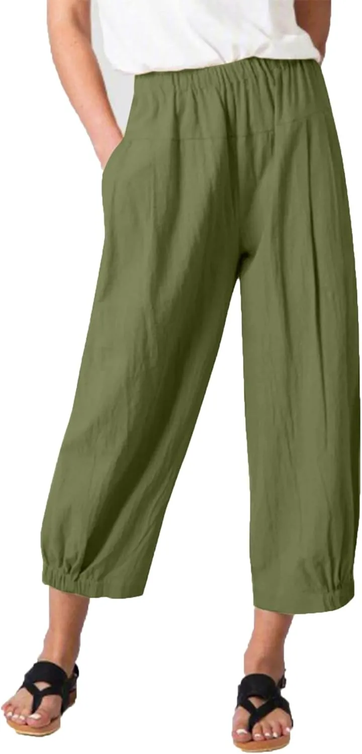 Les umes Women's Cropped Pants Cotton High Waist Wide Leg Capris Casual Loose Harem Pants Trousers with Pockets