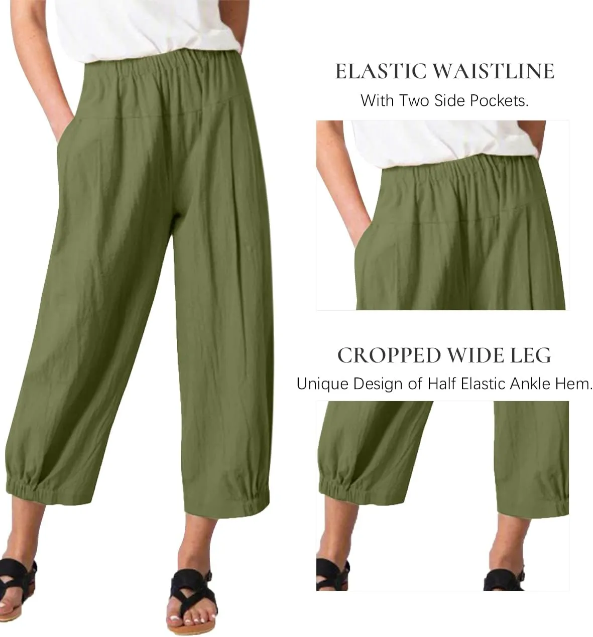 Les umes Women's Cropped Pants Cotton High Waist Wide Leg Capris Casual Loose Harem Pants Trousers with Pockets