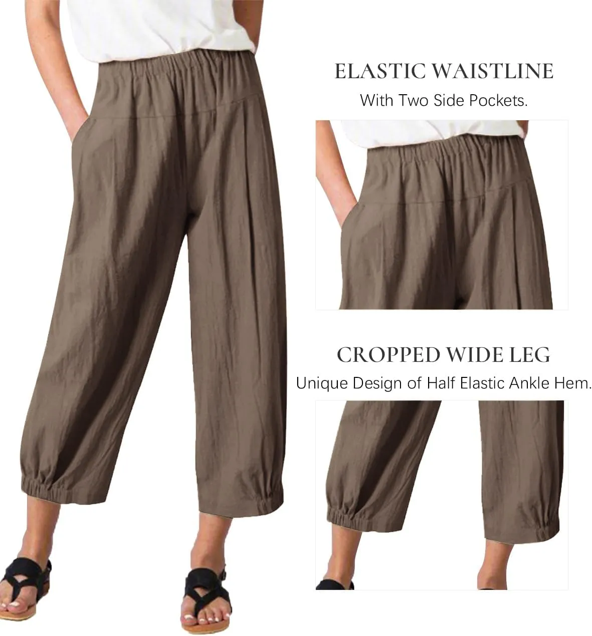 Les umes Women's Cropped Pants Cotton High Waist Wide Leg Capris Casual Loose Harem Pants Trousers with Pockets