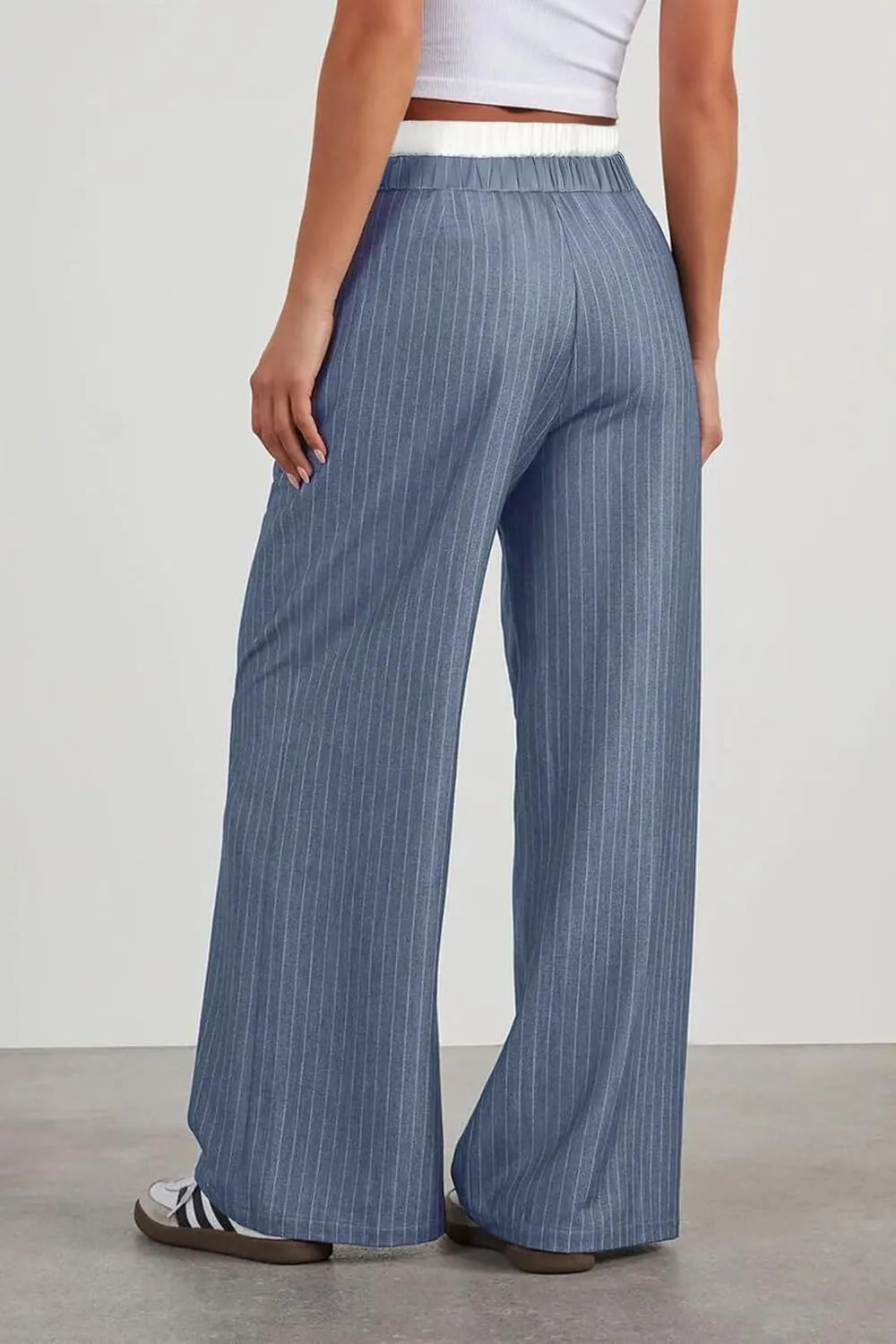 Lesore Womens Striped Color Block High Elastic Waist Wide Leg Pants Trousers Long Straight Suit Pants