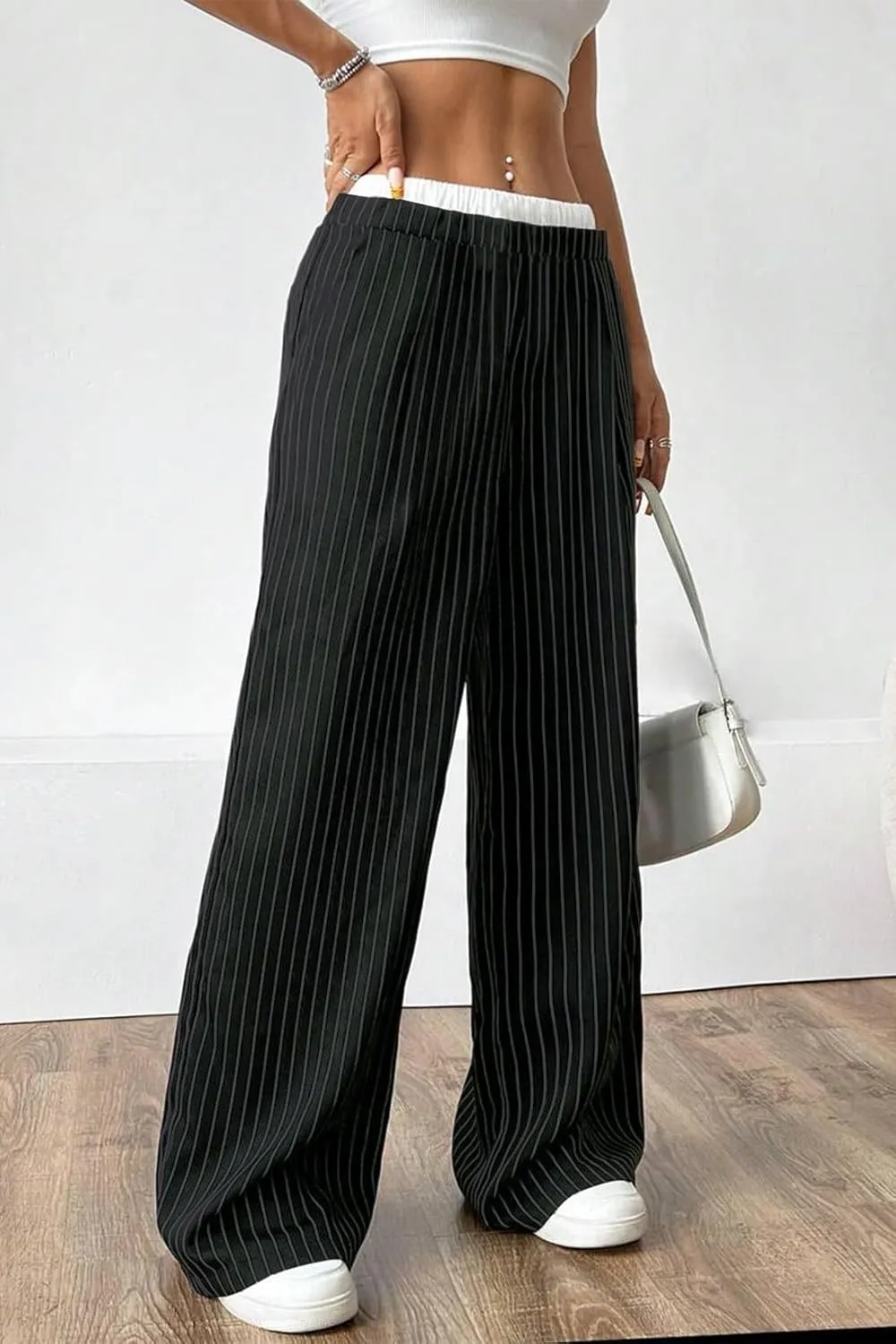 Lesore Womens Striped Color Block High Elastic Waist Wide Leg Pants Trousers Long Straight Suit Pants