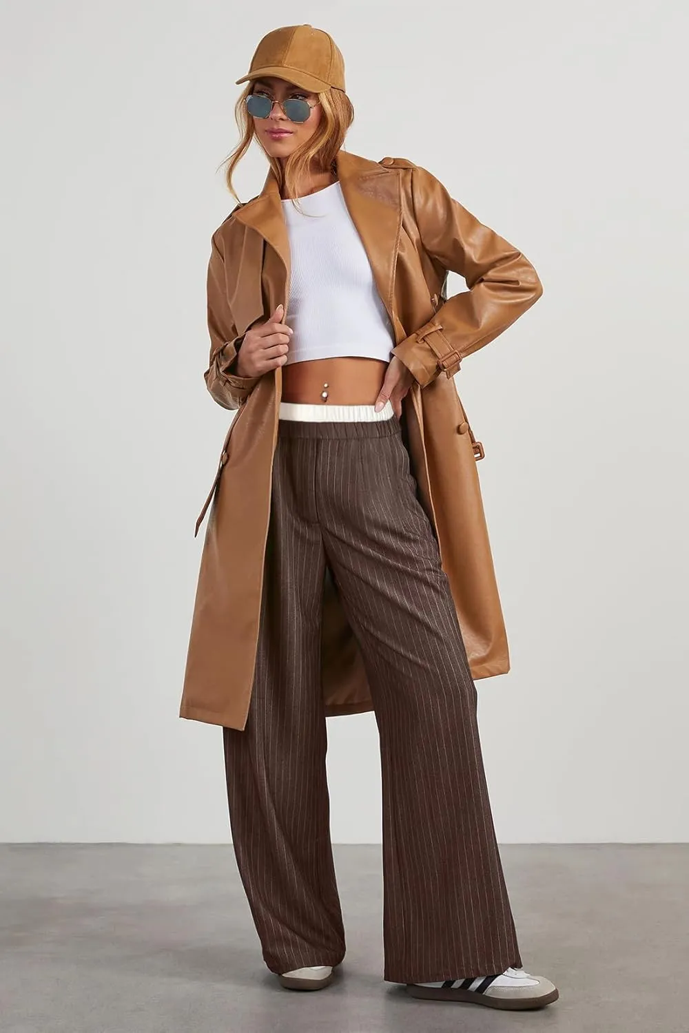 Lesore Womens Striped Color Block High Elastic Waist Wide Leg Pants Trousers Long Straight Suit Pants
