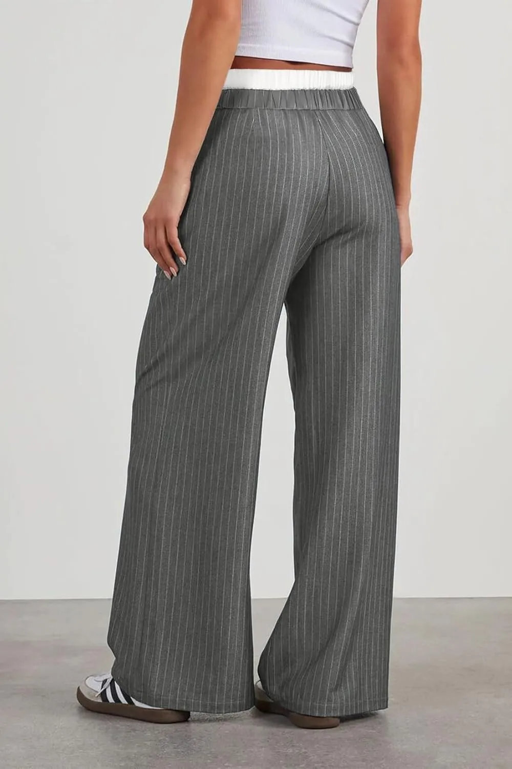 Lesore Womens Striped Color Block High Elastic Waist Wide Leg Pants Trousers Long Straight Suit Pants