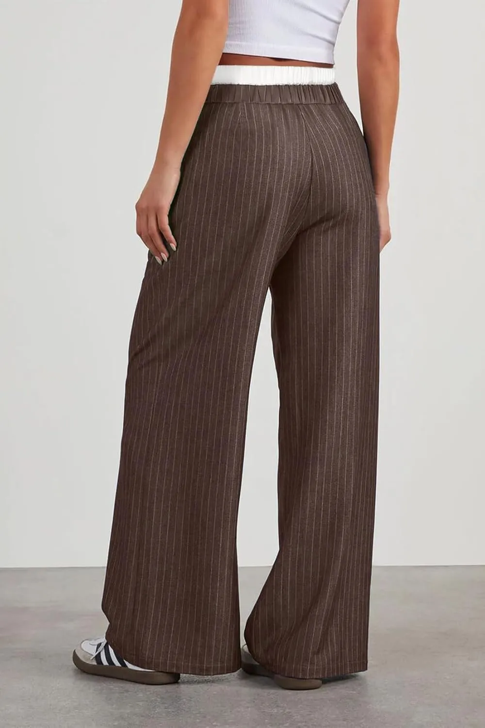 Lesore Womens Striped Color Block High Elastic Waist Wide Leg Pants Trousers Long Straight Suit Pants