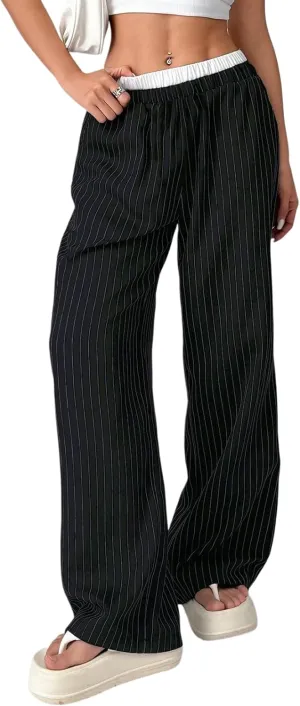 Lesore Womens Striped Color Block High Elastic Waist Wide Leg Pants Trousers Long Straight Suit Pants