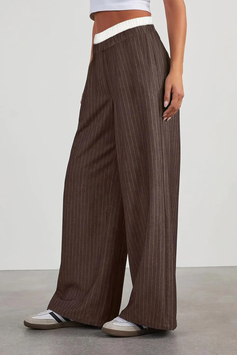 Lesore Womens Striped Color Block High Elastic Waist Wide Leg Pants Trousers Long Straight Suit Pants