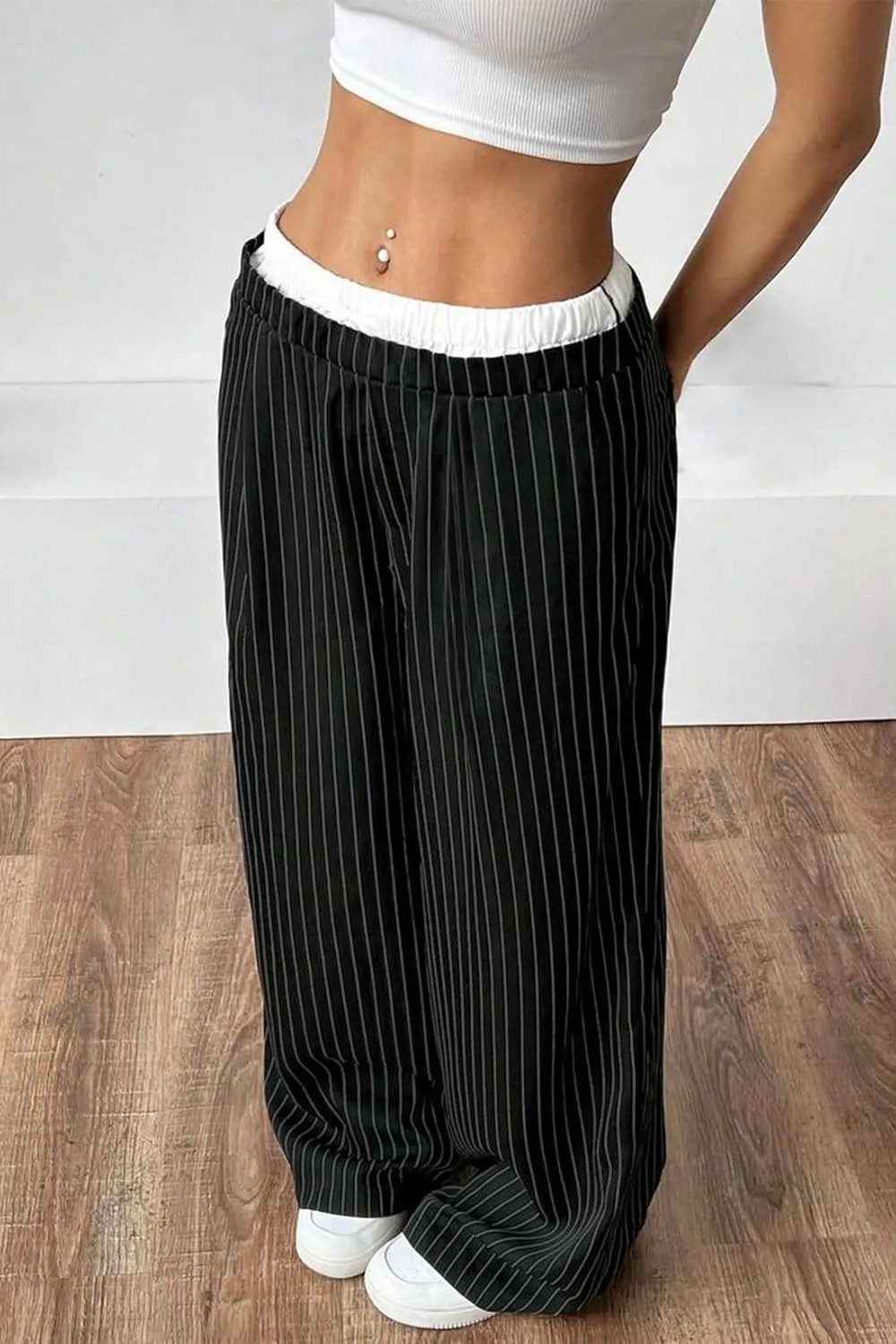 Lesore Womens Striped Color Block High Elastic Waist Wide Leg Pants Trousers Long Straight Suit Pants