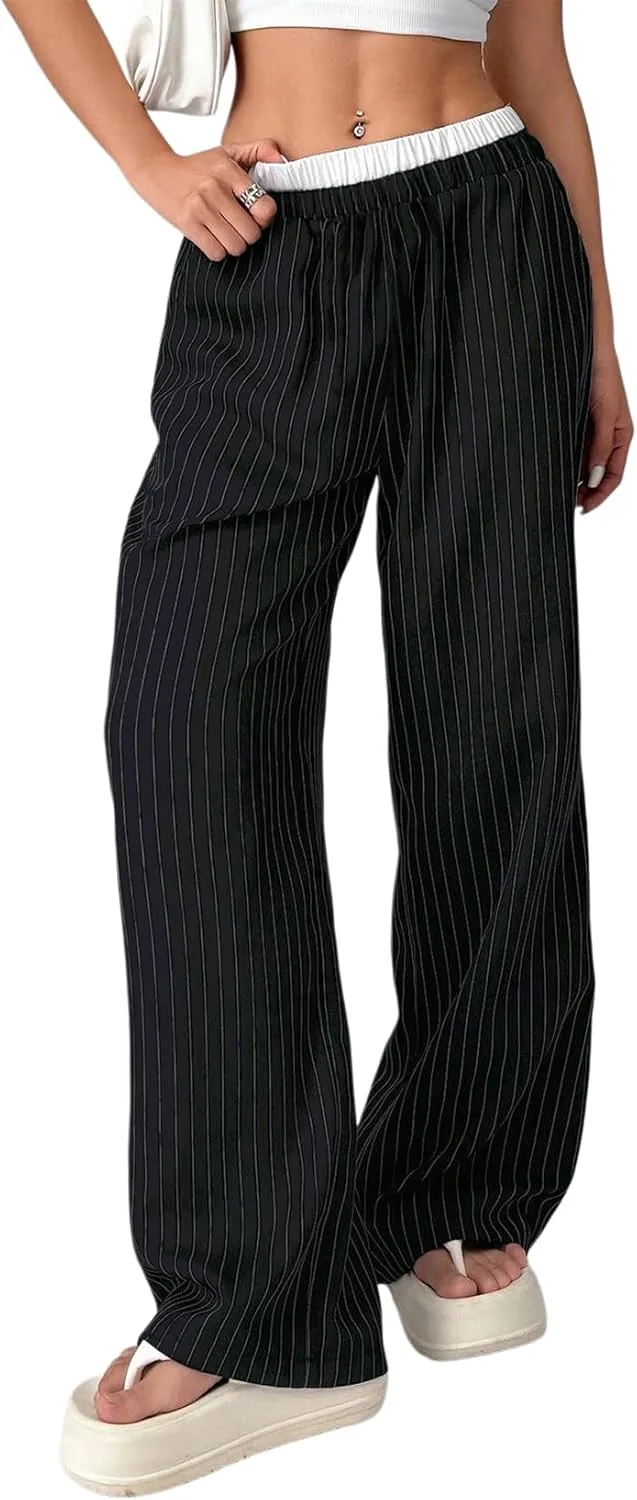 Lesore Womens Striped Color Block High Elastic Waist Wide Leg Pants Trousers Long Straight Suit Pants