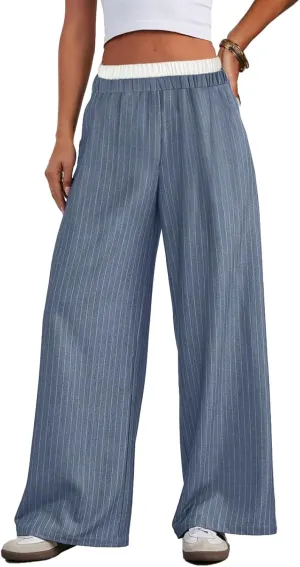 Lesore Womens Striped Color Block High Elastic Waist Wide Leg Pants Trousers Long Straight Suit Pants