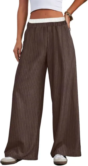 Lesore Womens Striped Color Block High Elastic Waist Wide Leg Pants Trousers Long Straight Suit Pants