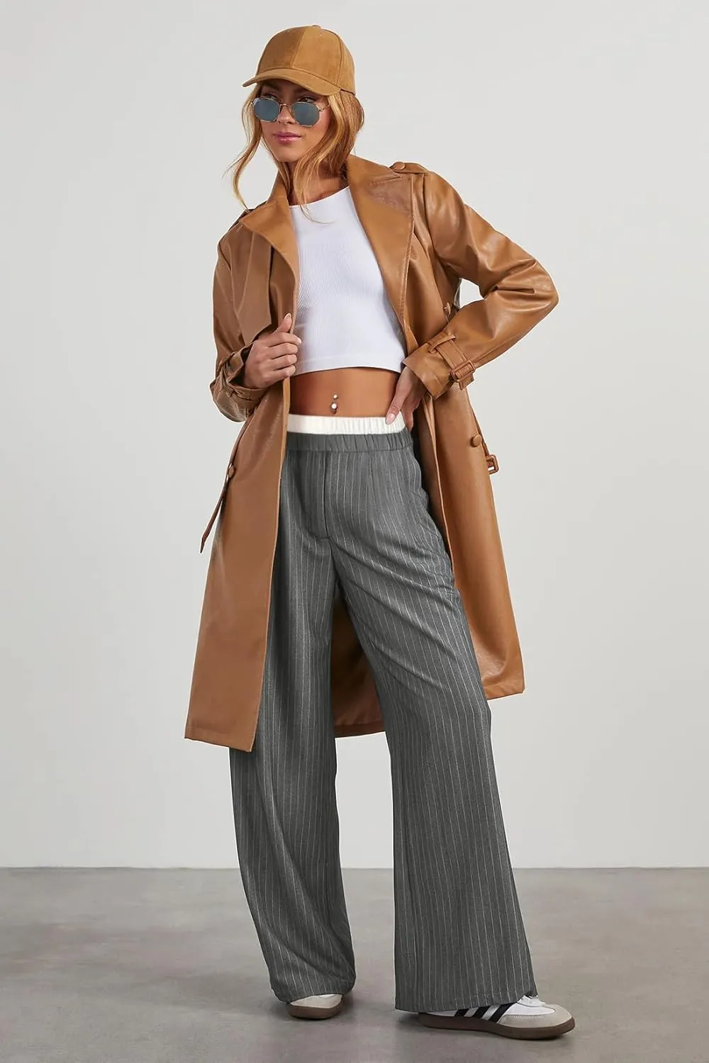 Lesore Womens Striped Color Block High Elastic Waist Wide Leg Pants Trousers Long Straight Suit Pants