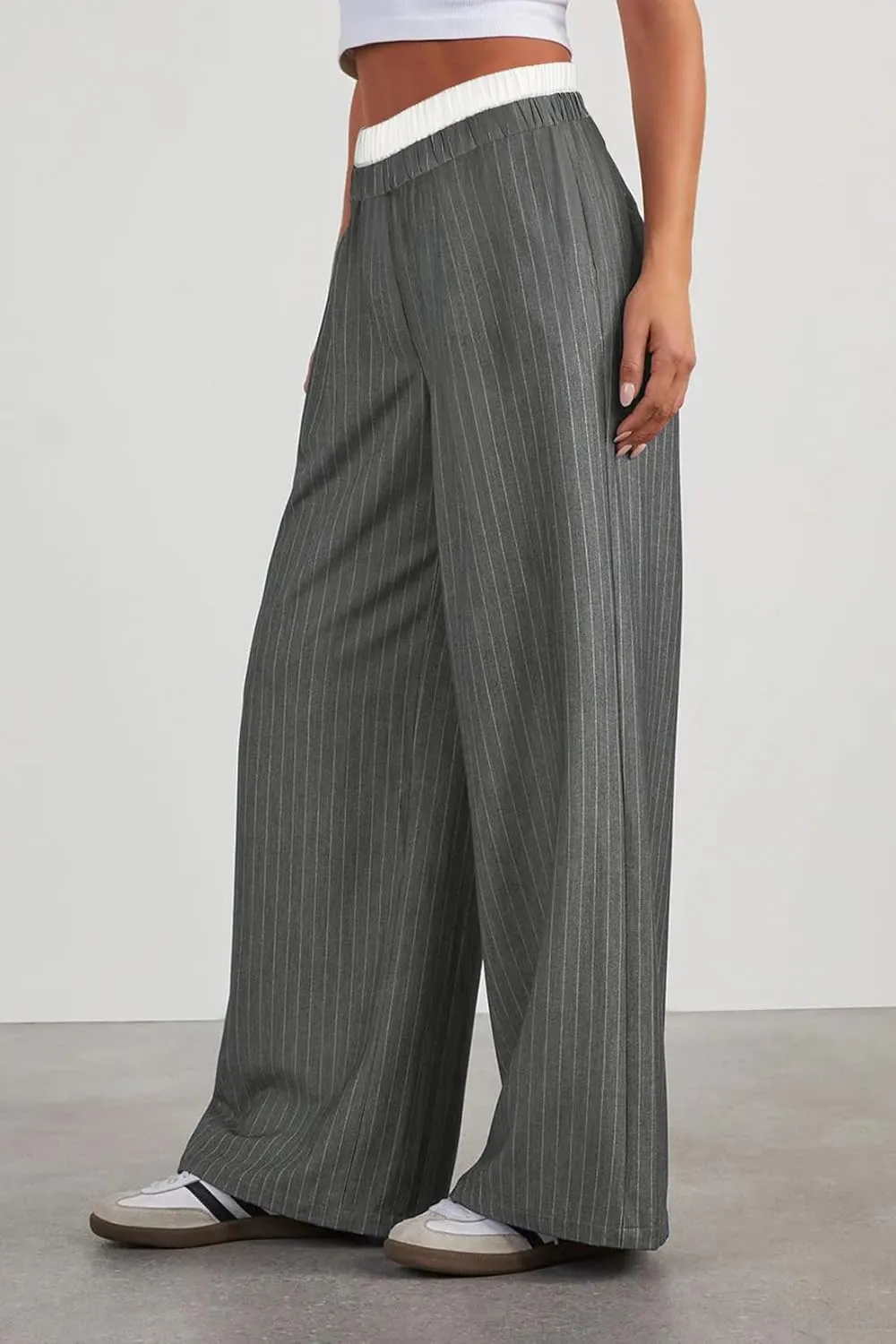 Lesore Womens Striped Color Block High Elastic Waist Wide Leg Pants Trousers Long Straight Suit Pants