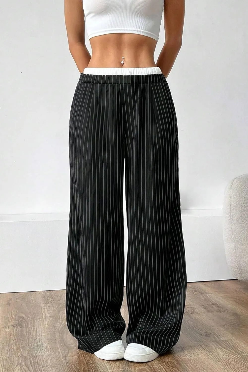 Lesore Womens Striped Color Block High Elastic Waist Wide Leg Pants Trousers Long Straight Suit Pants