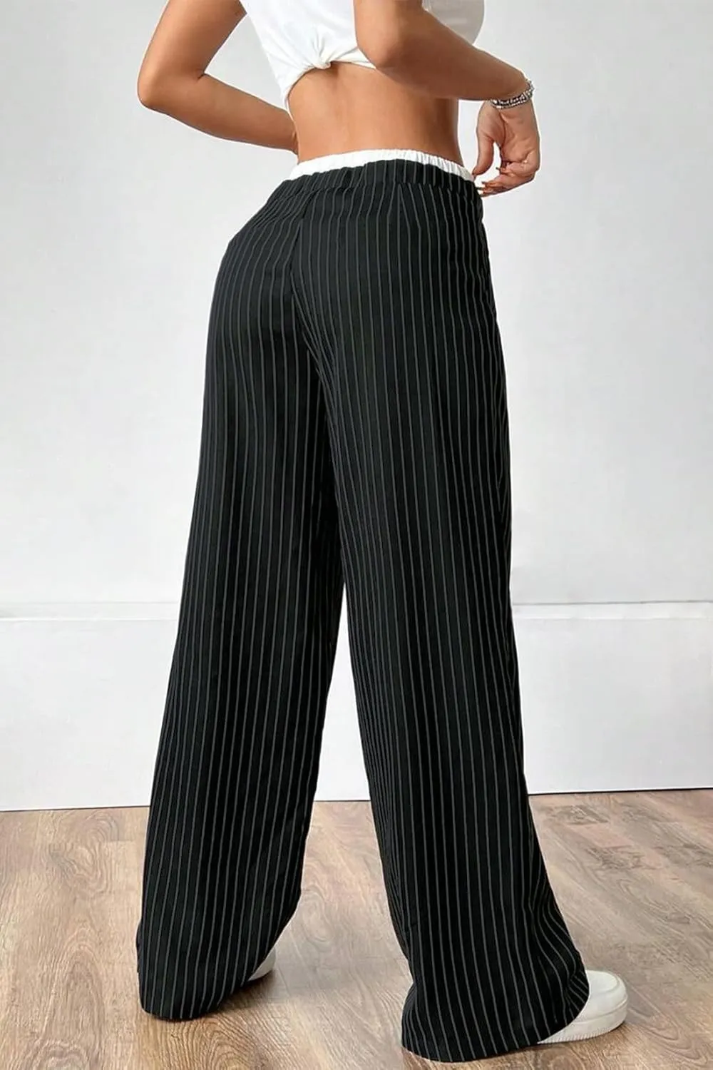 Lesore Womens Striped Color Block High Elastic Waist Wide Leg Pants Trousers Long Straight Suit Pants