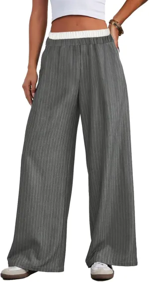Lesore Womens Striped Color Block High Elastic Waist Wide Leg Pants Trousers Long Straight Suit Pants