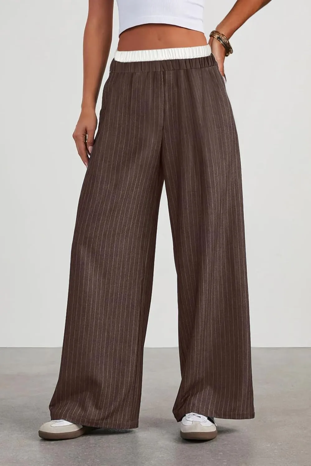 Lesore Womens Striped Color Block High Elastic Waist Wide Leg Pants Trousers Long Straight Suit Pants