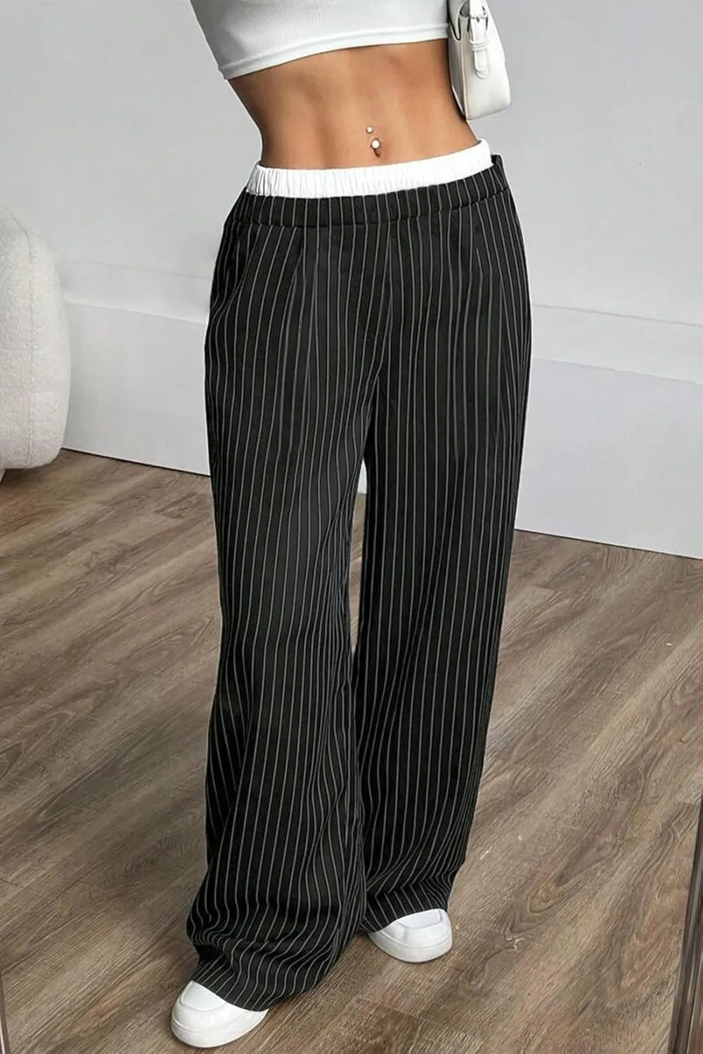 Lesore Womens Striped Color Block High Elastic Waist Wide Leg Pants Trousers Long Straight Suit Pants