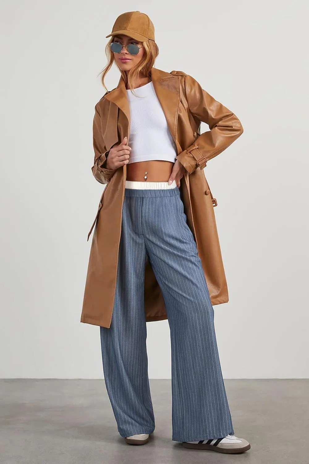 Lesore Womens Striped Color Block High Elastic Waist Wide Leg Pants Trousers Long Straight Suit Pants