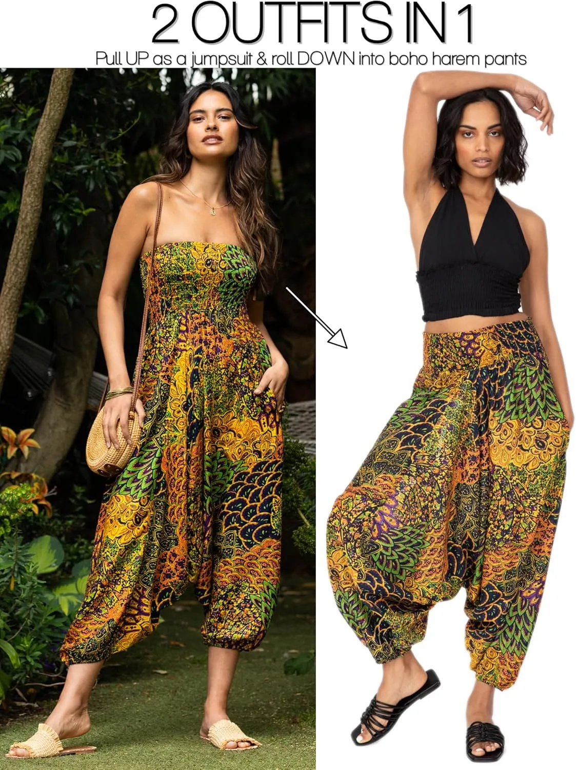 likemary Harem Pants Women - Boho Pants Pull Up into Jumpsuit with Pockets - 2-in-1 Hippie Pants and Romper Jumper Outfit