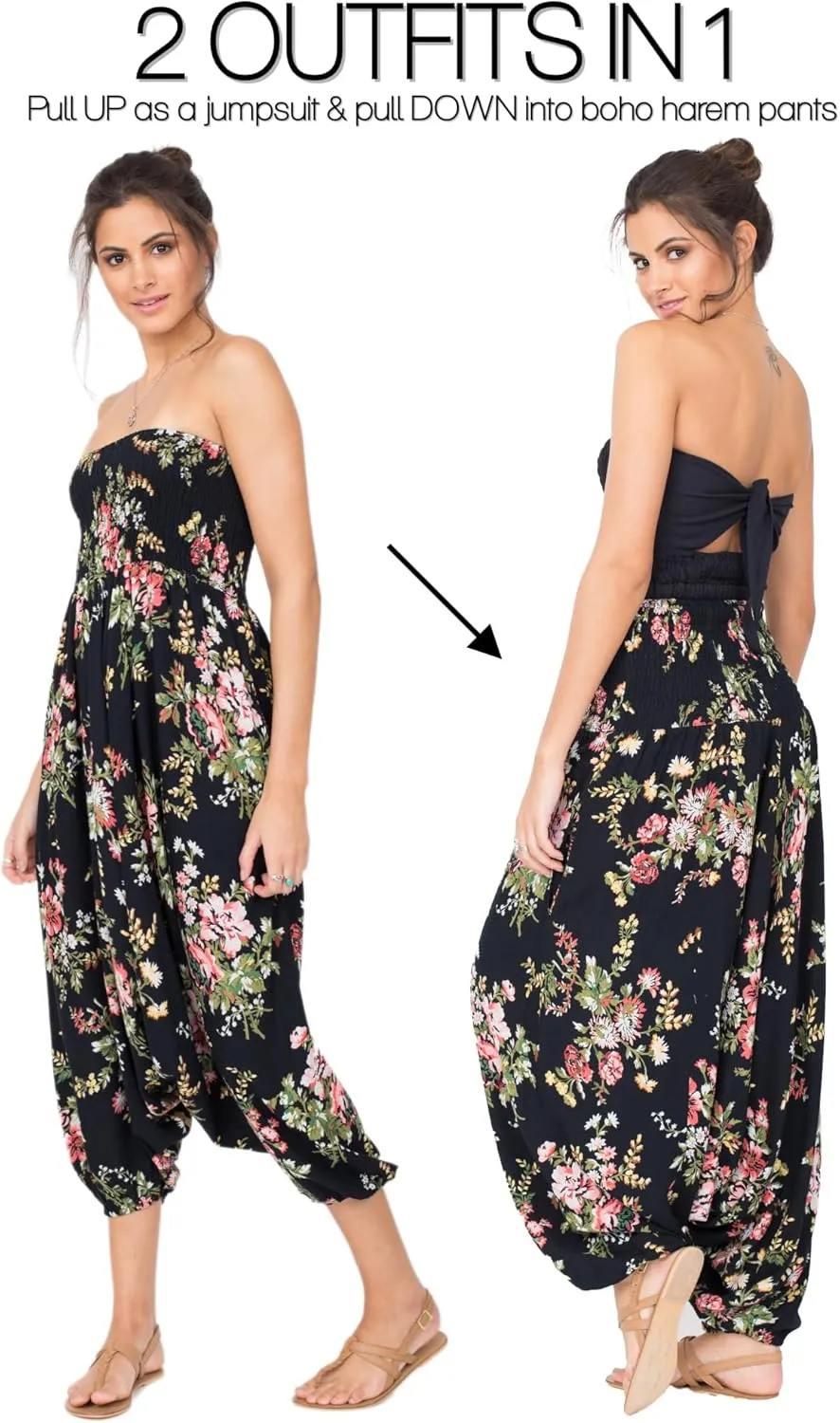 likemary Harem Pants Women - Boho Pants Pull Up into Jumpsuit with Pockets - 2-in-1 Hippie Pants and Romper Jumper Outfit