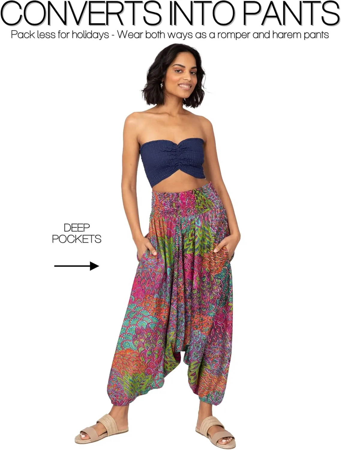 likemary Harem Pants Women - Boho Pants Pull Up into Jumpsuit with Pockets - 2-in-1 Hippie Pants and Romper Jumper Outfit
