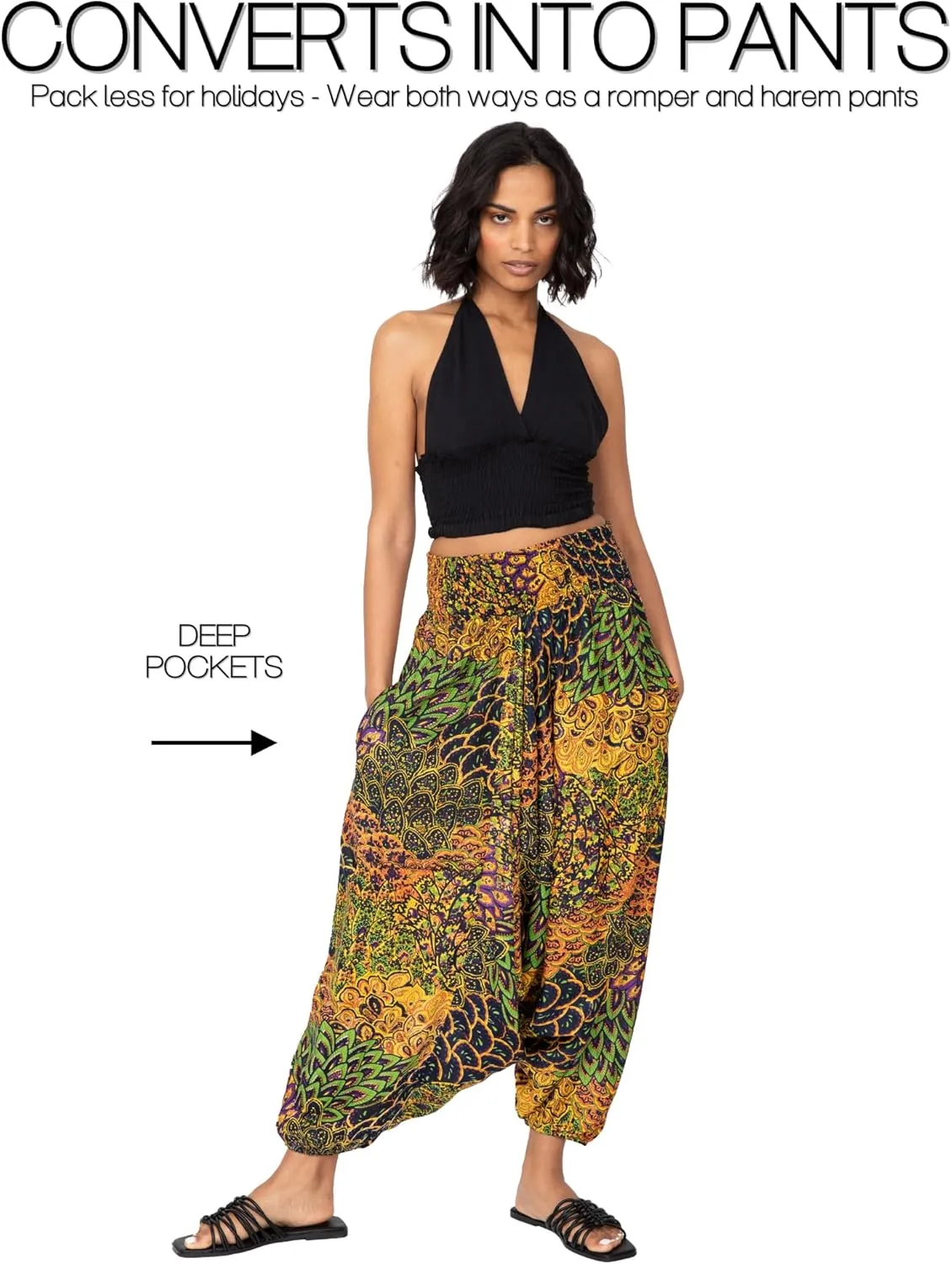likemary Harem Pants Women - Boho Pants Pull Up into Jumpsuit with Pockets - 2-in-1 Hippie Pants and Romper Jumper Outfit
