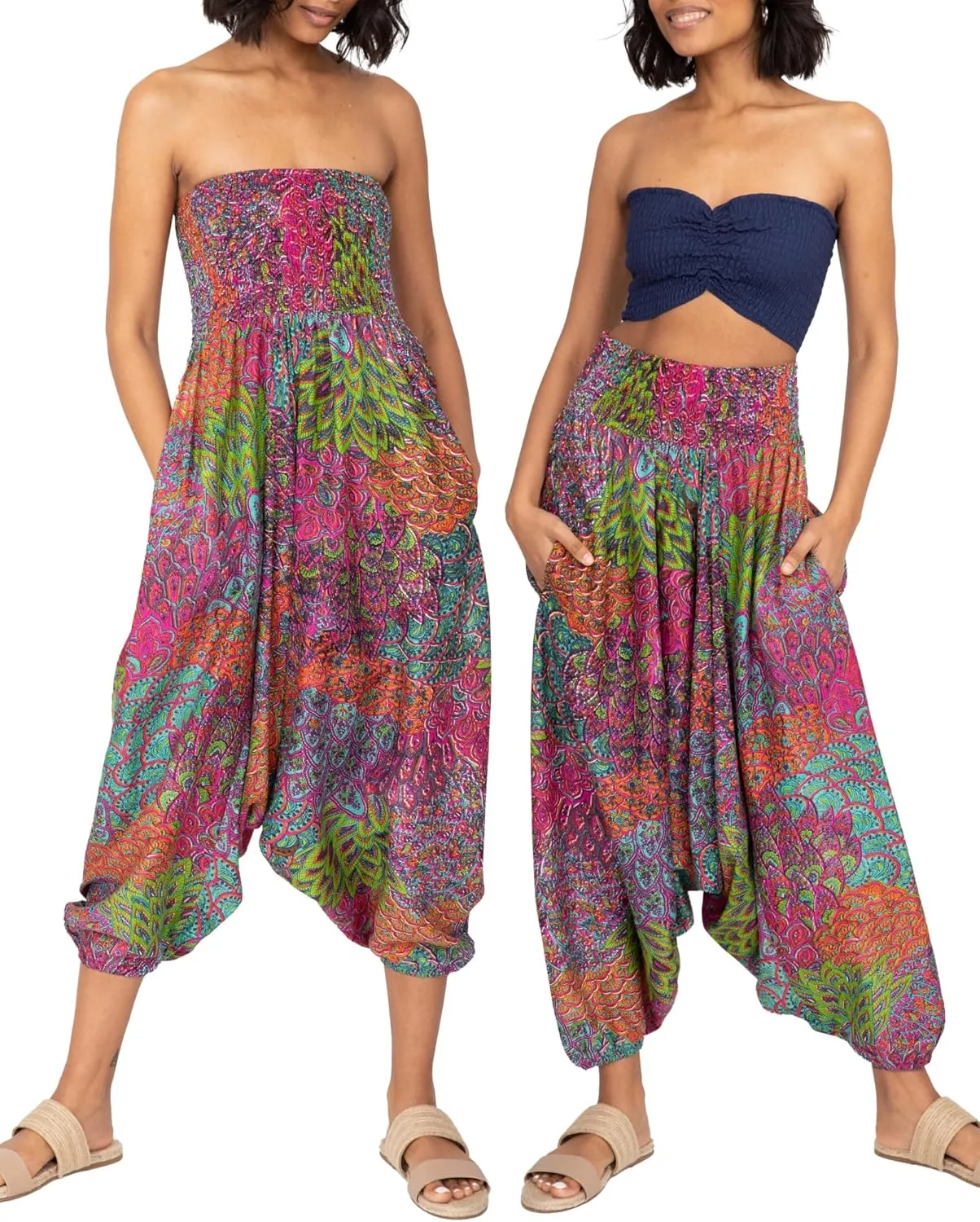 likemary Harem Pants Women - Boho Pants Pull Up into Jumpsuit with Pockets - 2-in-1 Hippie Pants and Romper Jumper Outfit