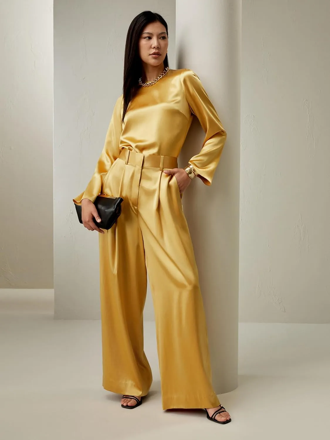 LilySilk Womens Pure Silk Pants Ladies 28MM Heavy Silk Lemon Drop Trouser with High Waist & Wide Leg for Most Occasions