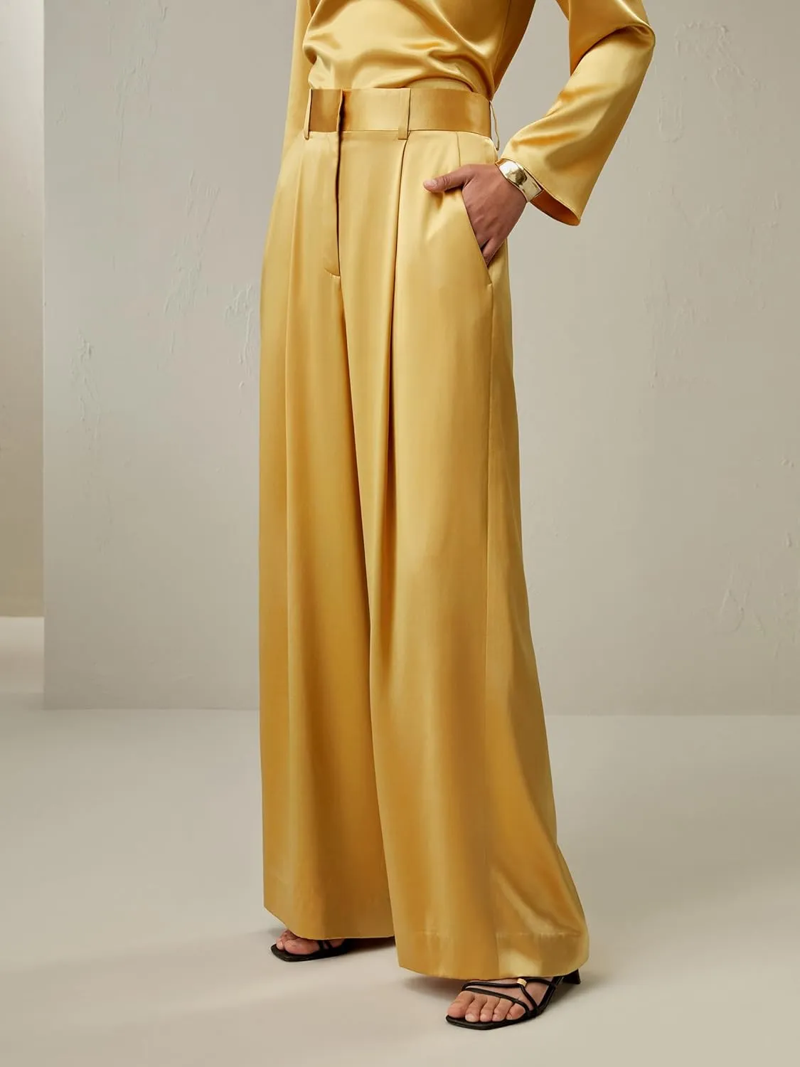 LilySilk Womens Pure Silk Pants Ladies 28MM Heavy Silk Lemon Drop Trouser with High Waist & Wide Leg for Most Occasions