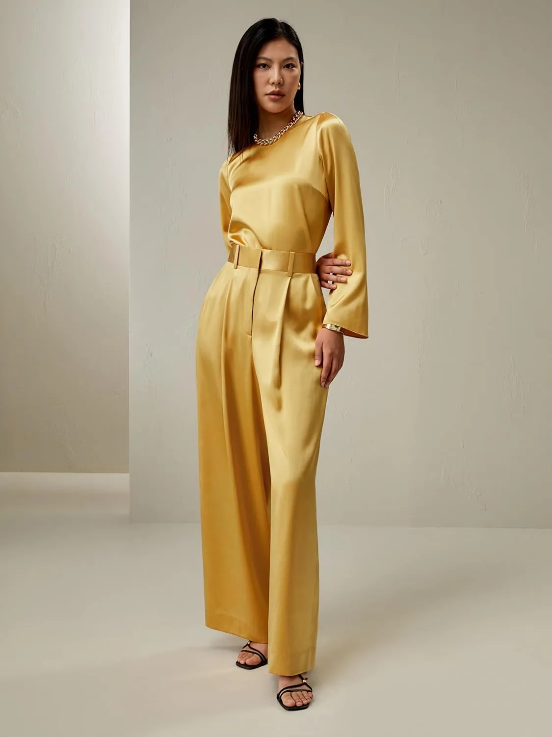 LilySilk Womens Pure Silk Pants Ladies 28MM Heavy Silk Lemon Drop Trouser with High Waist & Wide Leg for Most Occasions