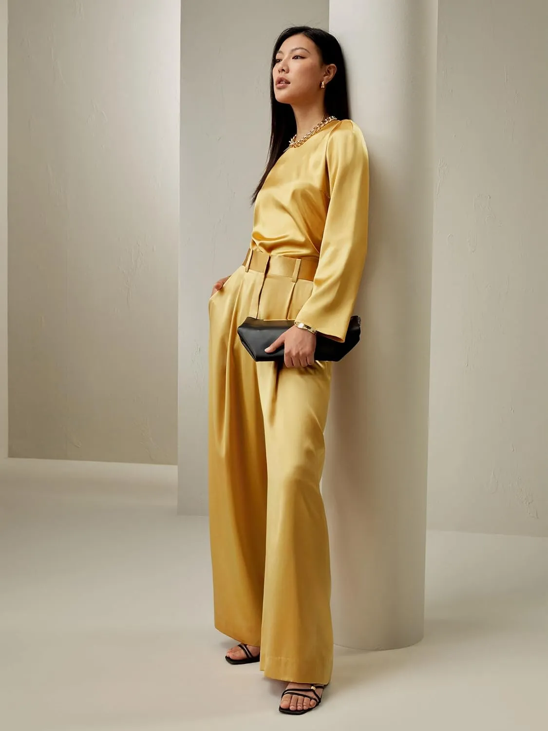 LilySilk Womens Pure Silk Pants Ladies 28MM Heavy Silk Lemon Drop Trouser with High Waist & Wide Leg for Most Occasions