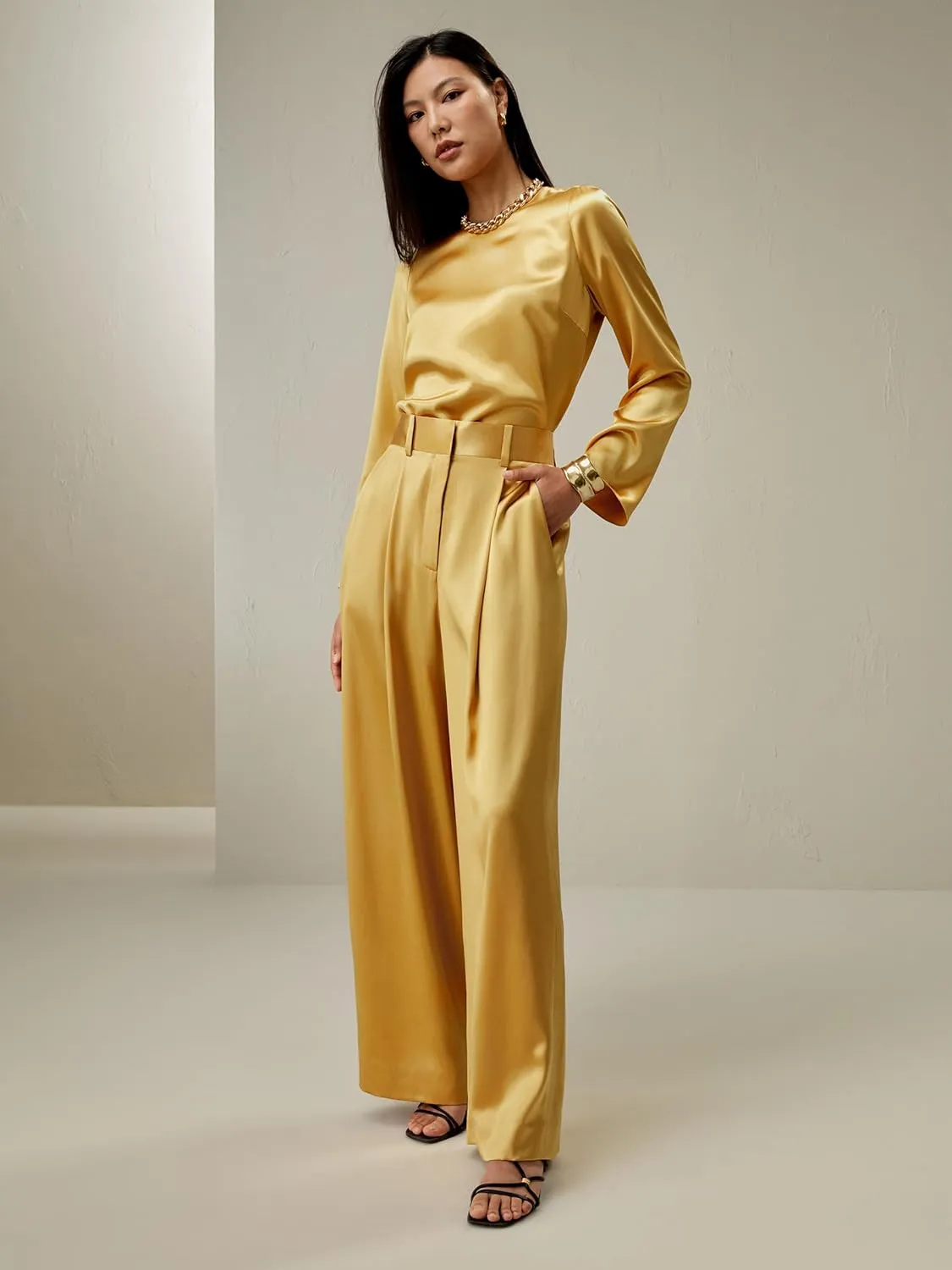 LilySilk Womens Pure Silk Pants Ladies 28MM Heavy Silk Lemon Drop Trouser with High Waist & Wide Leg for Most Occasions
