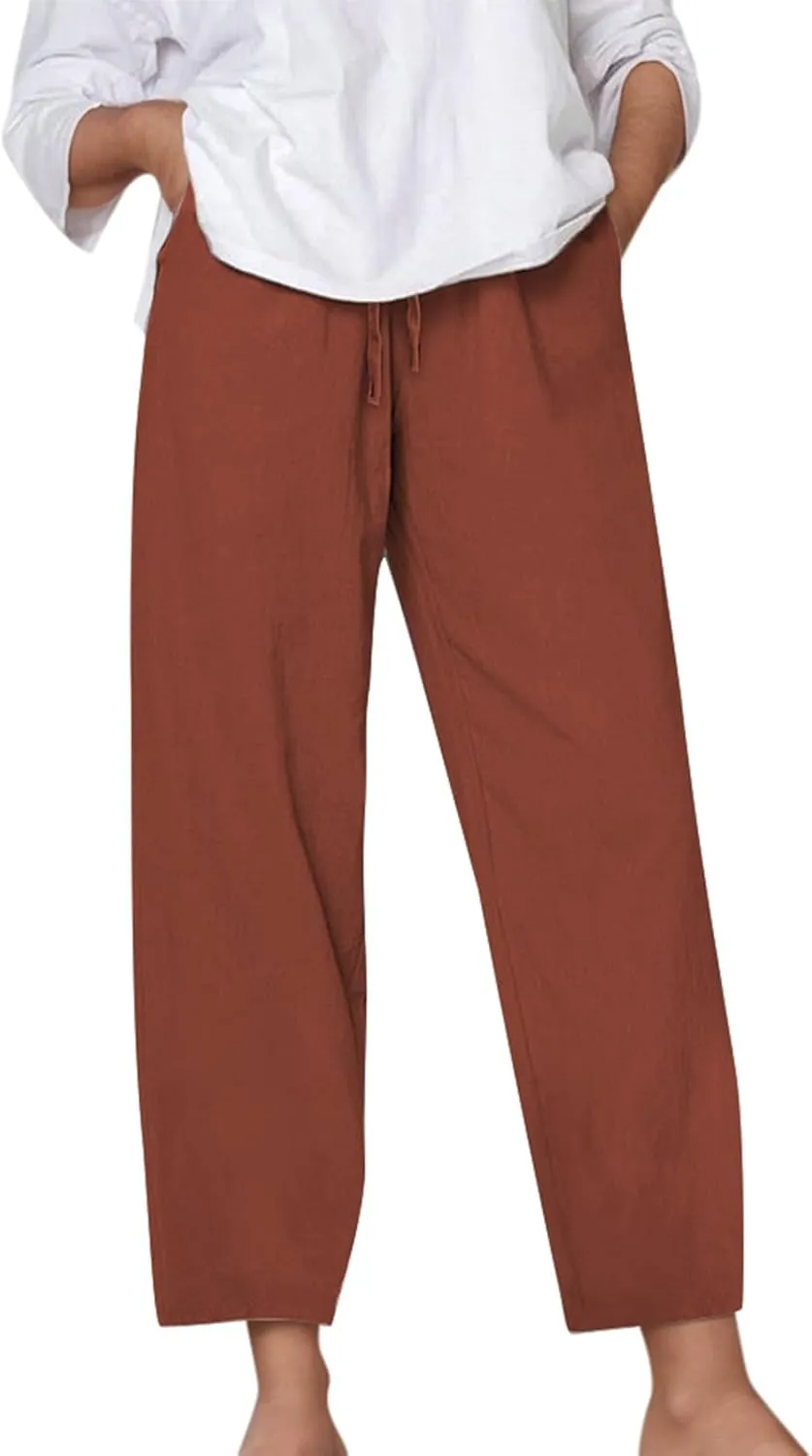 Linen Pants for Women Loose Elastic High Waist Yoga Pants Relax Fit Comfy Casual Trousers with Pockets Summer 2025