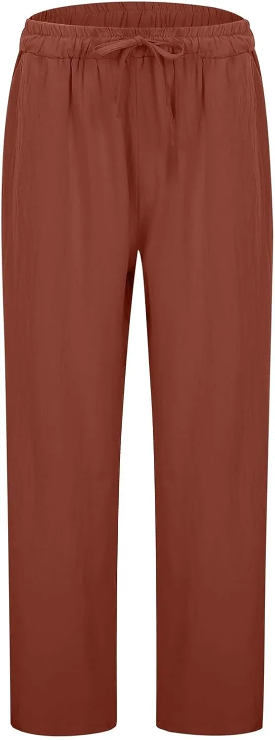 Linen Pants for Women Loose Elastic High Waist Yoga Pants Relax Fit Comfy Casual Trousers with Pockets Summer 2025