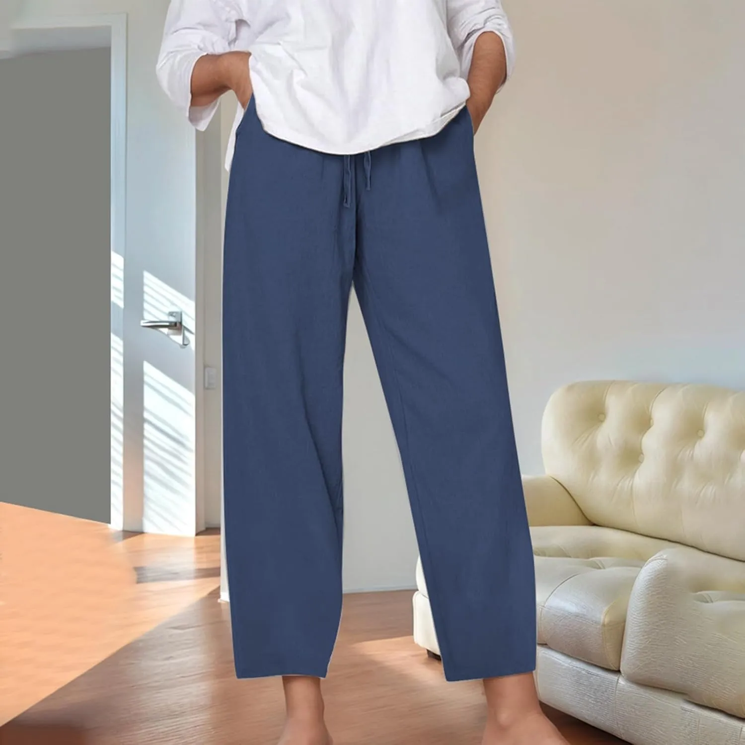 Linen Pants for Women Loose Elastic High Waist Yoga Pants Relax Fit Comfy Casual Trousers with Pockets Summer 2025