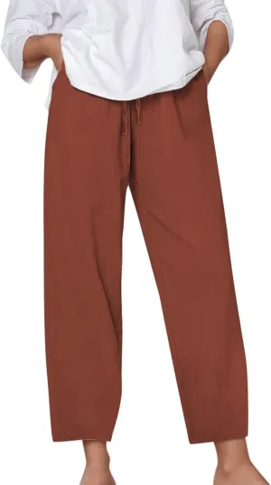 Linen Pants for Women Loose Elastic High Waist Yoga Pants Relax Fit Comfy Casual Trousers with Pockets Summer 2025