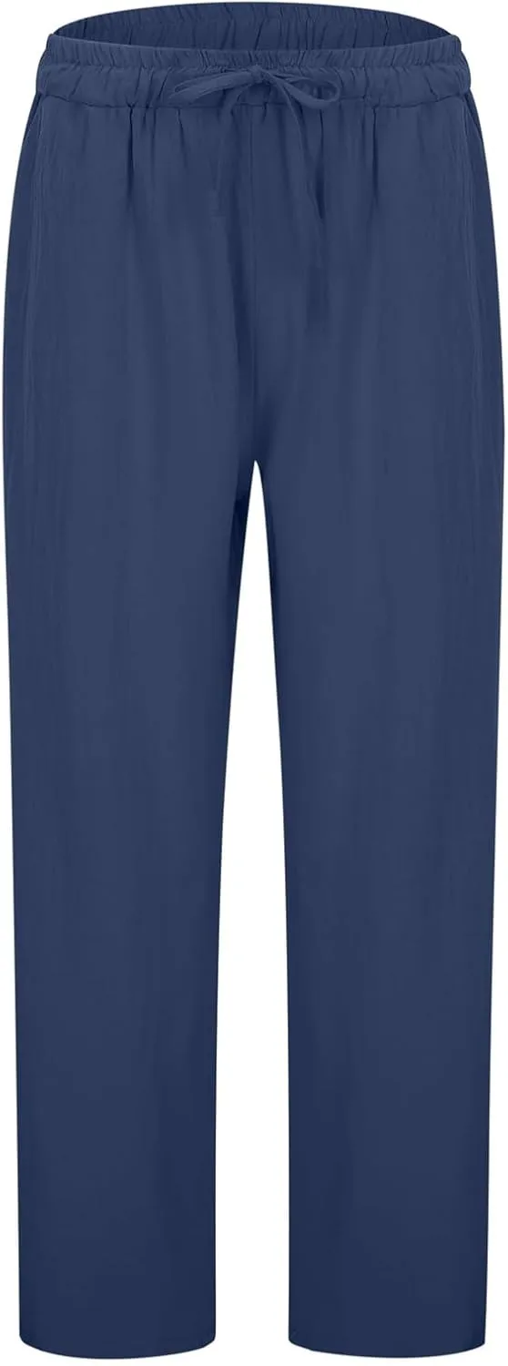 Linen Pants for Women Loose Elastic High Waist Yoga Pants Relax Fit Comfy Casual Trousers with Pockets Summer 2025