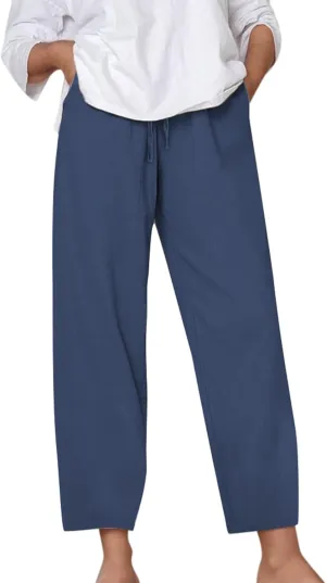 Linen Pants for Women Loose Elastic High Waist Yoga Pants Relax Fit Comfy Casual Trousers with Pockets Summer 2025