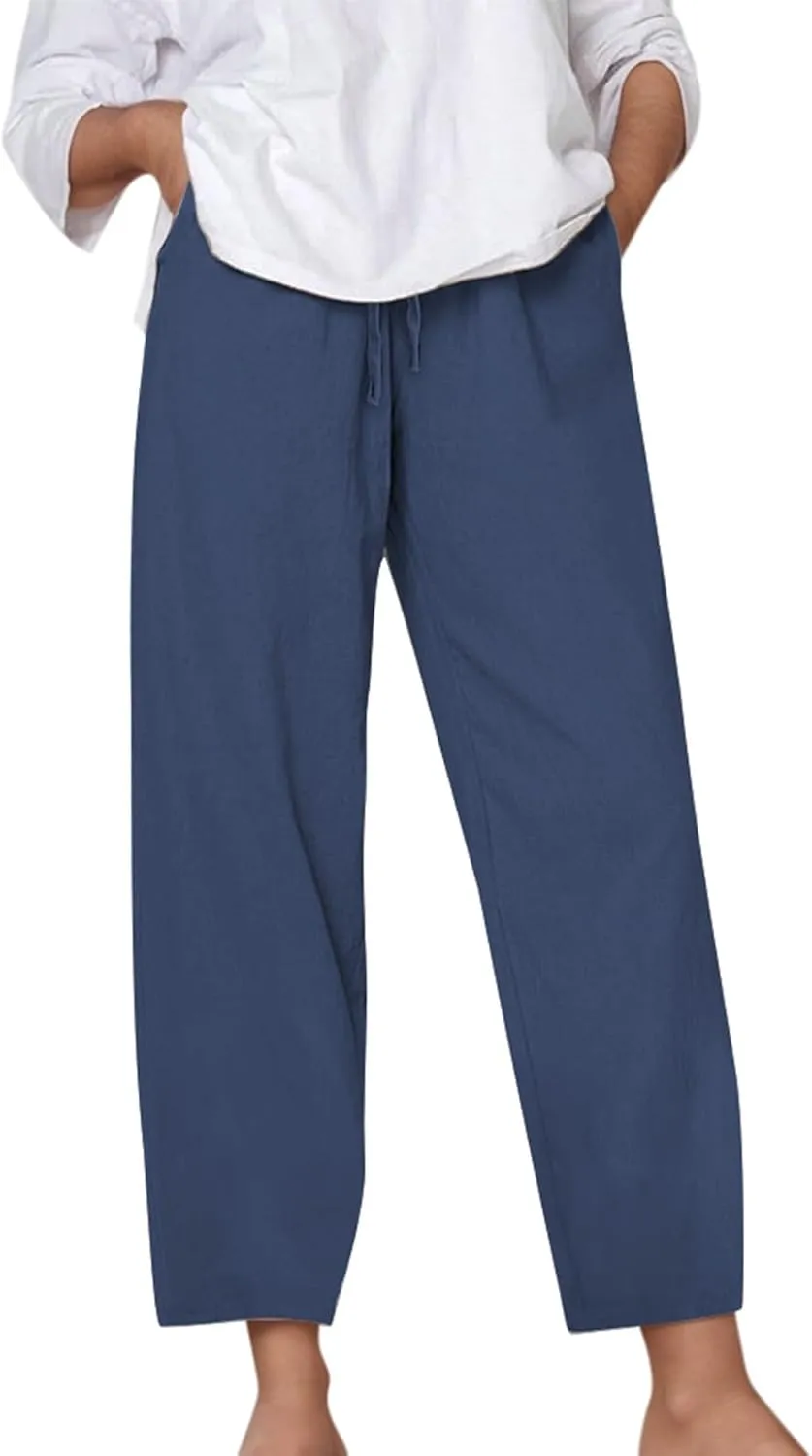 Linen Pants for Women Loose Elastic High Waist Yoga Pants Relax Fit Comfy Casual Trousers with Pockets Summer 2025