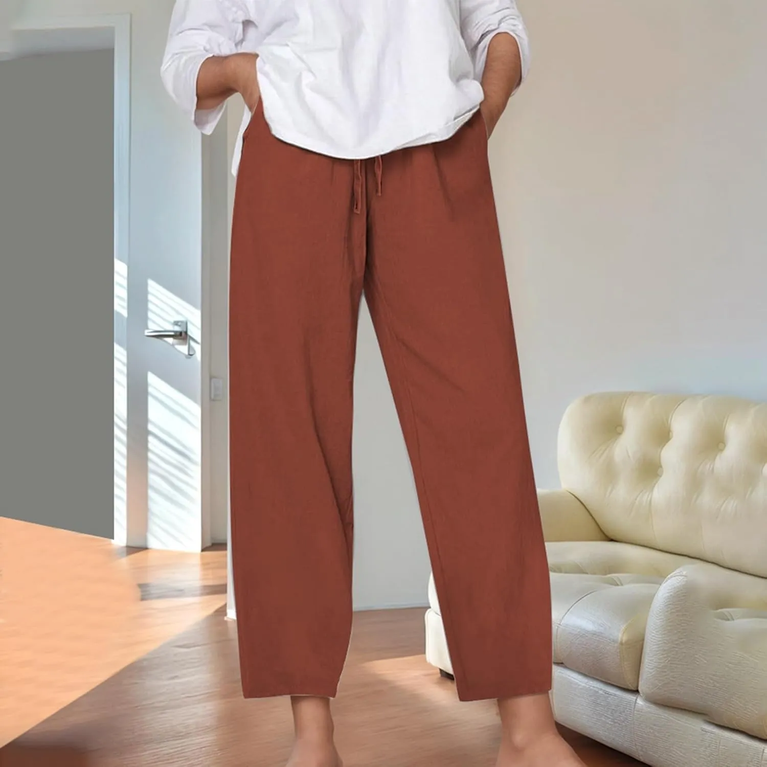 Linen Pants for Women Loose Elastic High Waist Yoga Pants Relax Fit Comfy Casual Trousers with Pockets Summer 2025