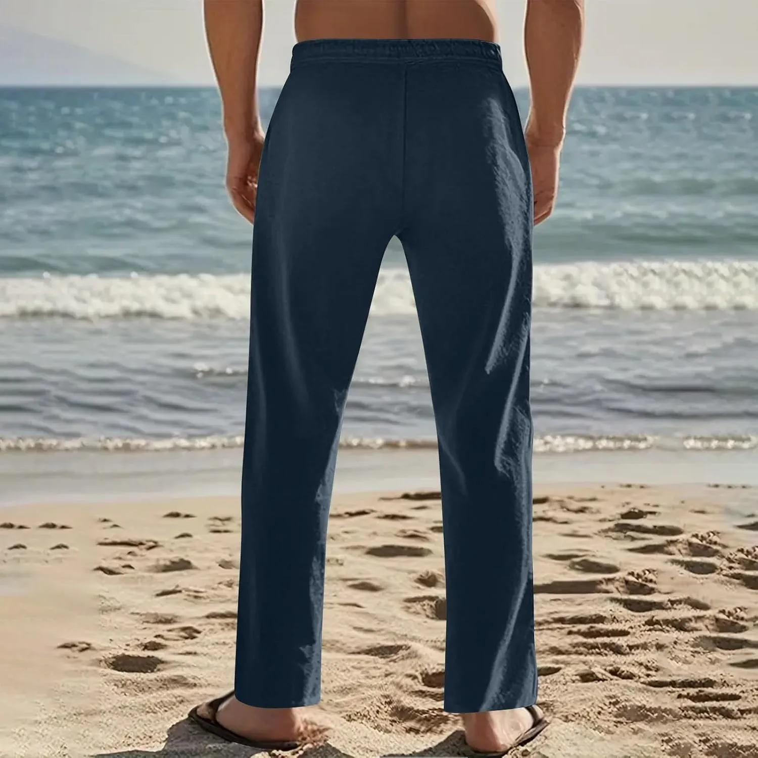 Linen Pants Men Casual Drawstring Loose Fit Beach Summer Pants with Pockets Lightweight Comfy Yoga Trousers