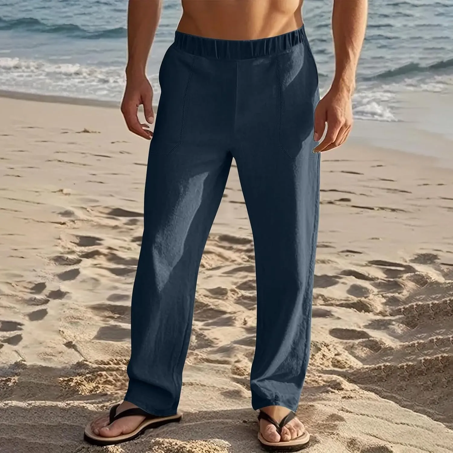 Linen Pants Men Casual Drawstring Loose Fit Beach Summer Pants with Pockets Lightweight Comfy Yoga Trousers