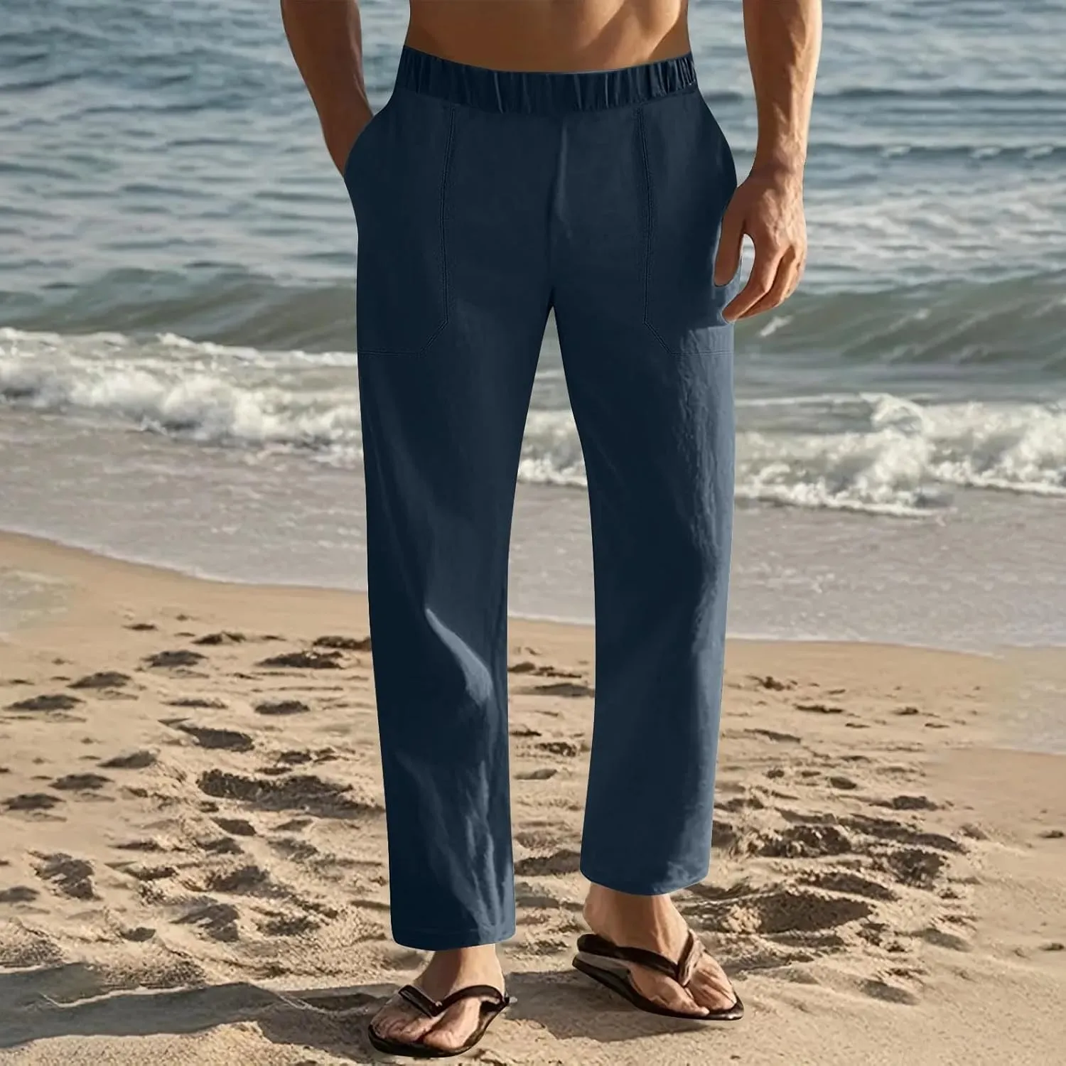 Linen Pants Men Casual Drawstring Loose Fit Beach Summer Pants with Pockets Lightweight Comfy Yoga Trousers