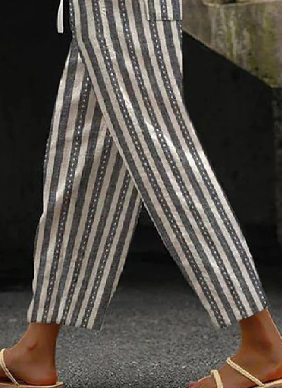 LOZ Women's Wide Leg Harem Pants Grey Striped Summer Casual Palazzo Bottoms Drawstring Lounge Cropped Pants with Pockets