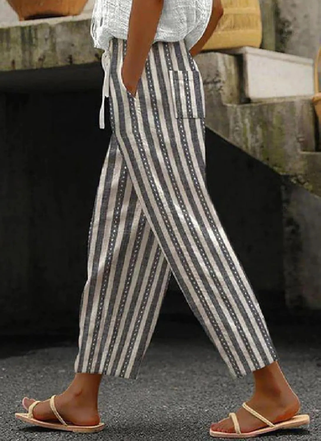 LOZ Women's Wide Leg Harem Pants Grey Striped Summer Casual Palazzo Bottoms Drawstring Lounge Cropped Pants with Pockets