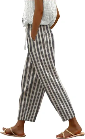 LOZ Women's Wide Leg Harem Pants Grey Striped Summer Casual Palazzo Bottoms Drawstring Lounge Cropped Pants with Pockets