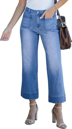luvamia Wide Leg Jeans for Women Trendy High Waisted Flare Jeans Cropped Denim Pants Stretchy Baggy with Patch Pockets