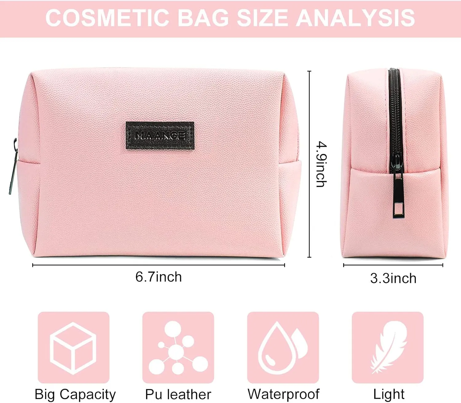 MAANGE Small Makeup Bag For Purse, Travel Cosmetic Bag Makeup Pouch PU Leather Portable Versatile Zipper Pouch For Women (Pink)
