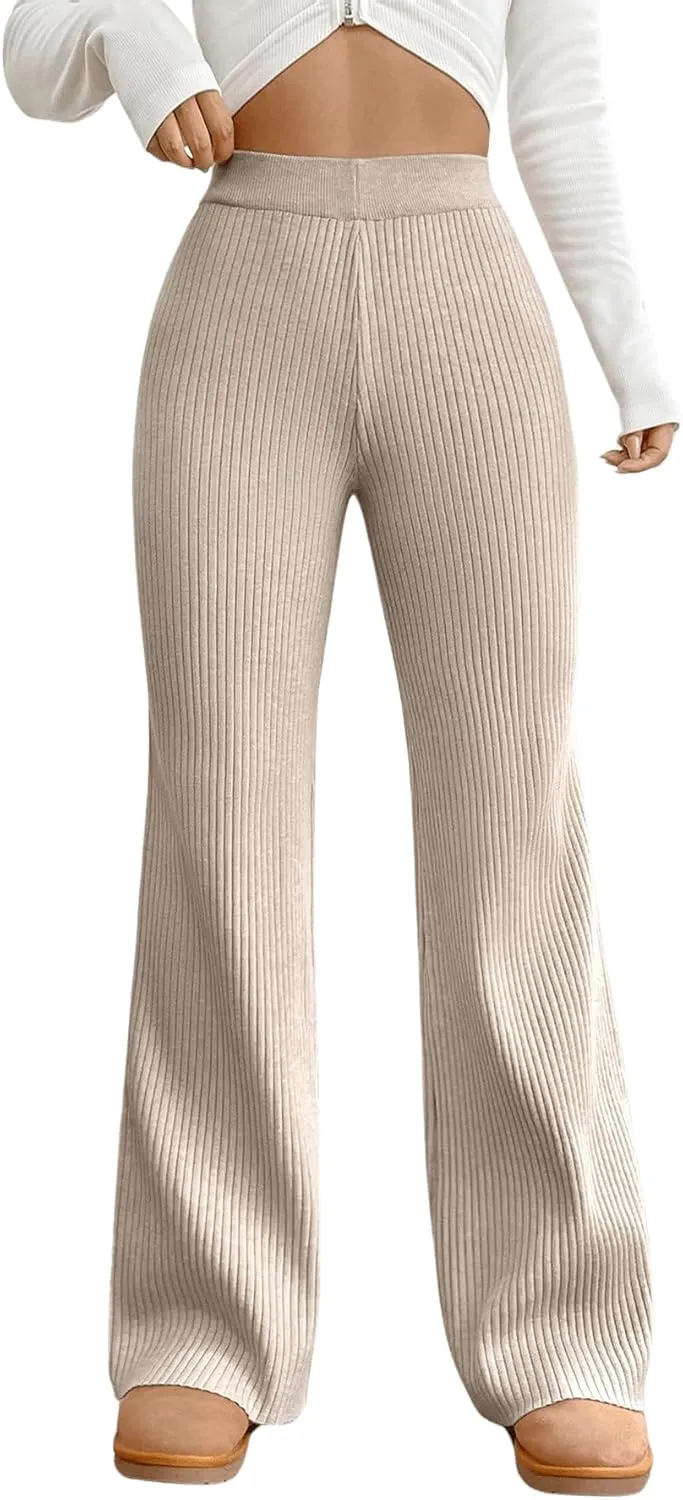 MakeMeChic Women's Wide Leg Pants Ribbed Knit High Waist Casual Lounge Pants